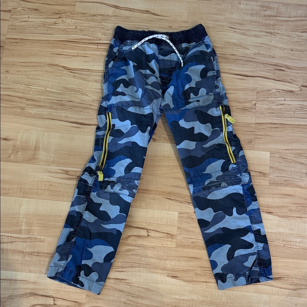 Mini Boden Blue Camo Joggers with Yellow Zip Accents